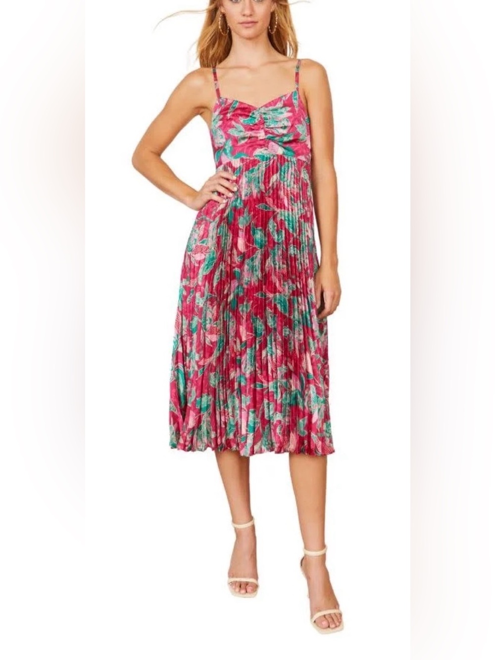 Caballero Donna Raspberry Floral Dress XS Pleated Midi Ruched Romantic Resort